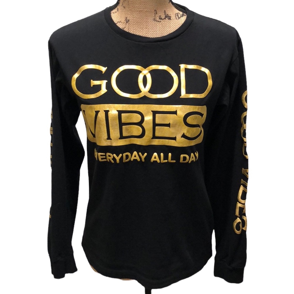 {Brooklyn Laundry} Black And Gold Good Vibes Crewneck Long Sleeve Tee